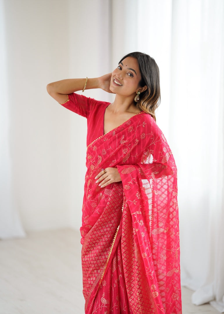 Classic Red Georgette Patta Saree with Foil Work, Small Lace & Zalar Lace