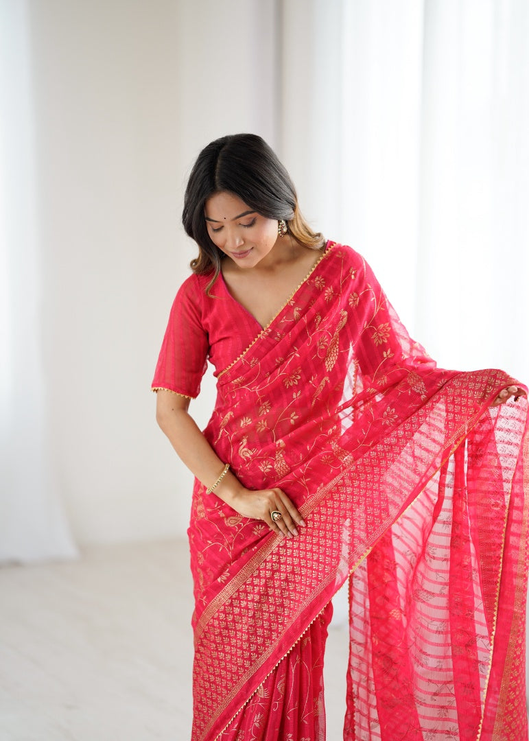Classic Red Georgette Patta Saree with Foil Work, Small Lace & Zalar Lace