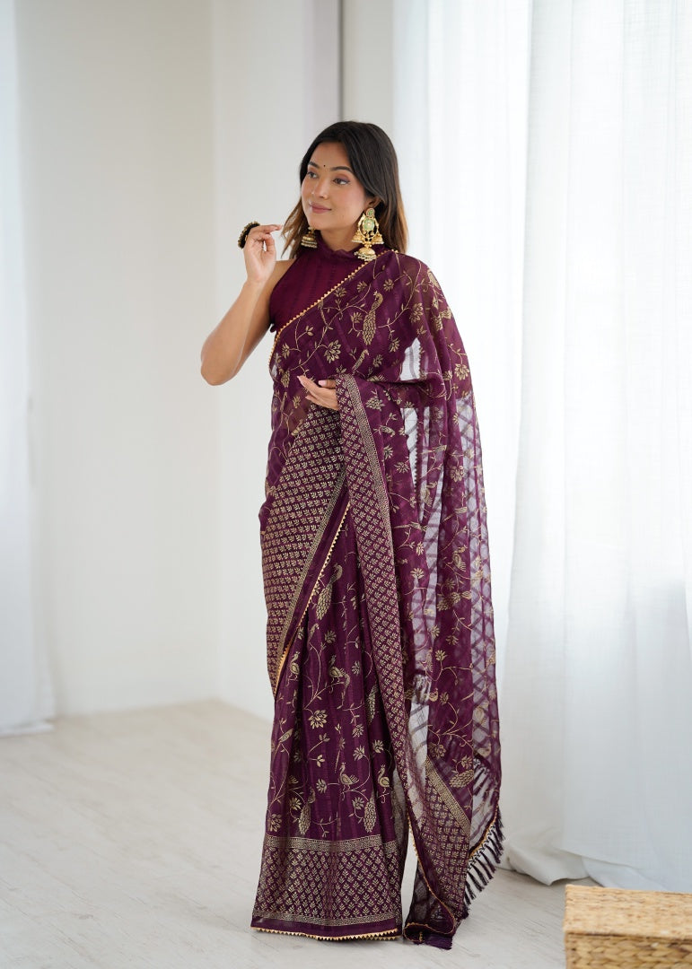 Rich Wine Georgette Patta Saree with Foil Work, Small Lace & Zalar Lace