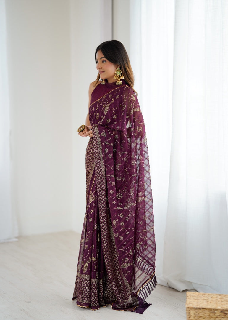Rich Wine Georgette Patta Saree with Foil Work, Small Lace & Zalar Lace