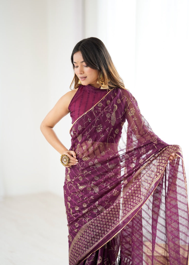 Rich Wine Georgette Patta Saree with Foil Work, Small Lace & Zalar Lace