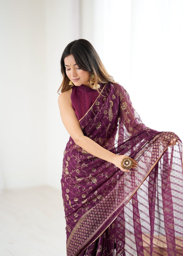 Rich Wine Georgette Patta Saree with Foil Work, Small Lace & Zalar Lace
