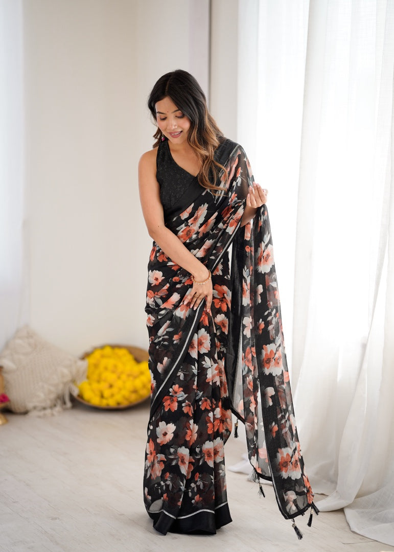 Elegant Black Bright Moss Satin Patta Printed Saree with Matching Blouse