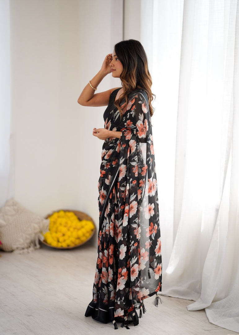 Elegant Black Bright Moss Satin Patta Printed Saree with Matching Blouse