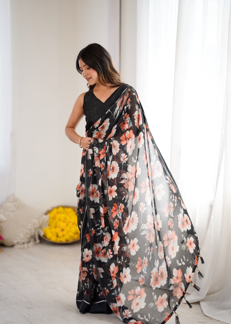 Elegant Black Bright Moss Satin Patta Printed Saree with Matching Blouse