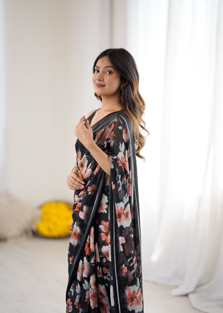 Elegant Black Bright Moss Satin Patta Printed Saree with Matching Blouse