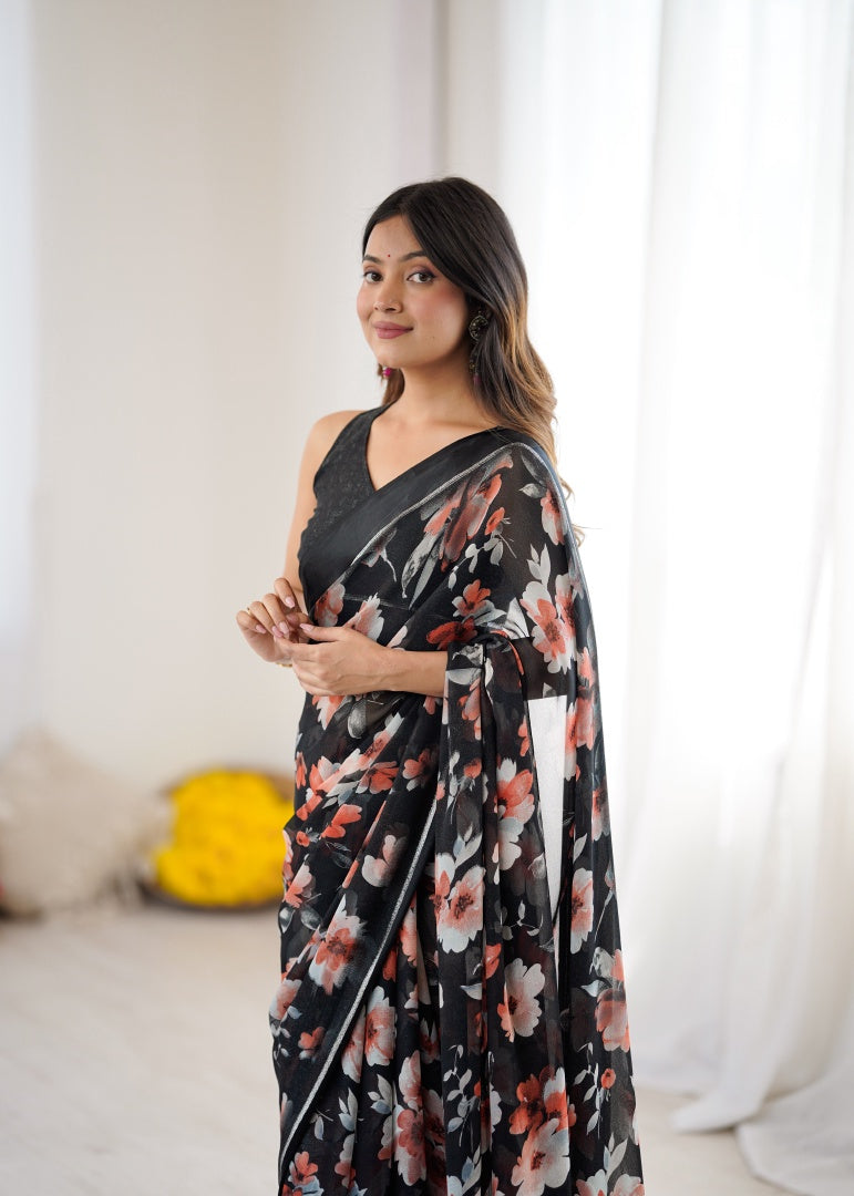 Elegant Black Bright Moss Satin Patta Printed Saree with Matching Blouse