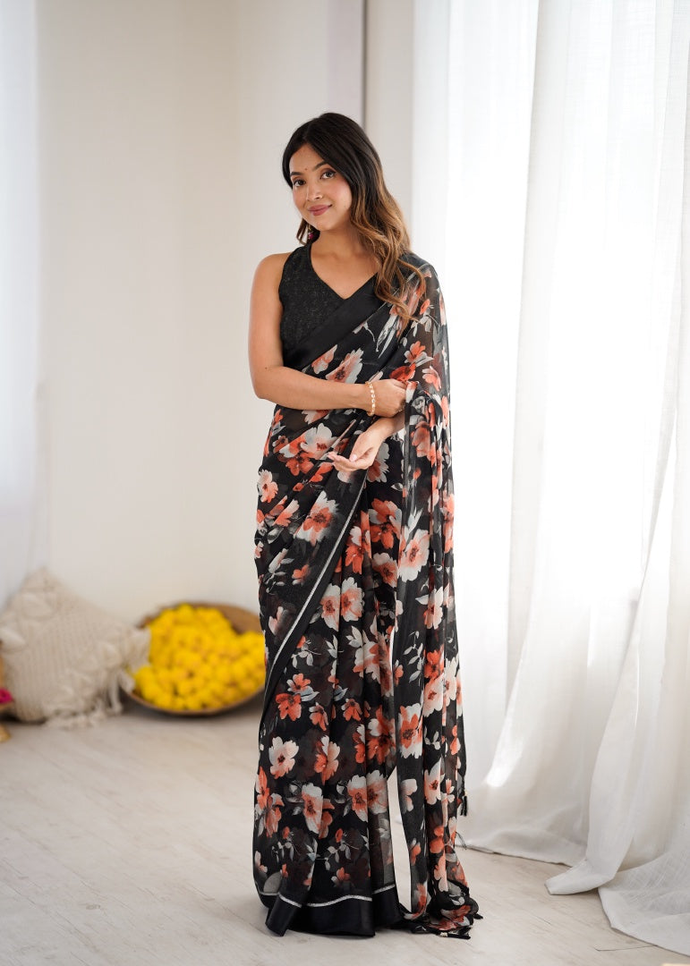Elegant Black Bright Moss Satin Patta Printed Saree with Matching Blouse