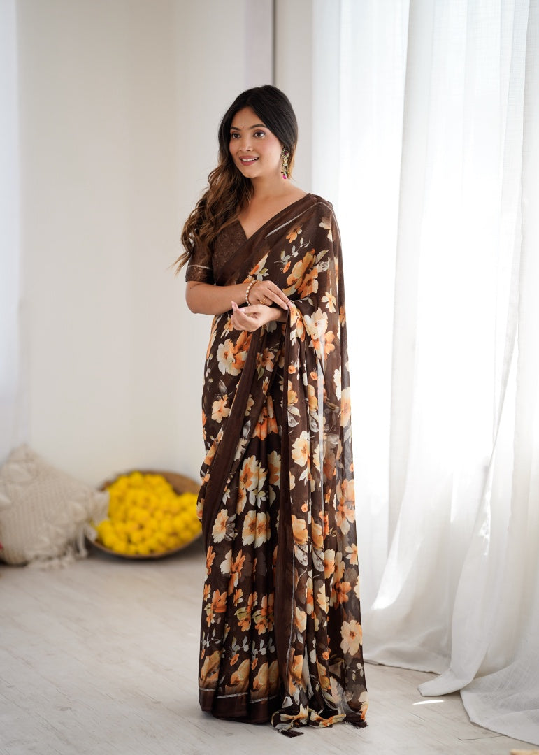 Beautiful Brown Bright Moss Satin Patta Printed Saree with Matching Blouse