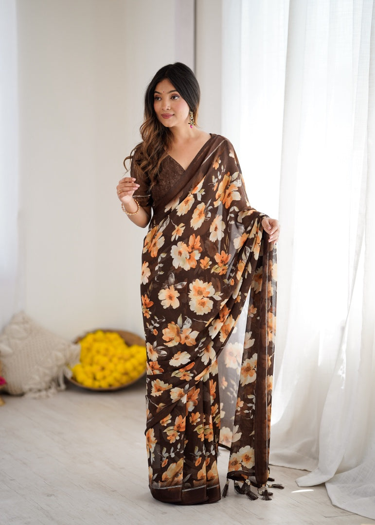 Beautiful Brown Bright Moss Satin Patta Printed Saree with Matching Blouse