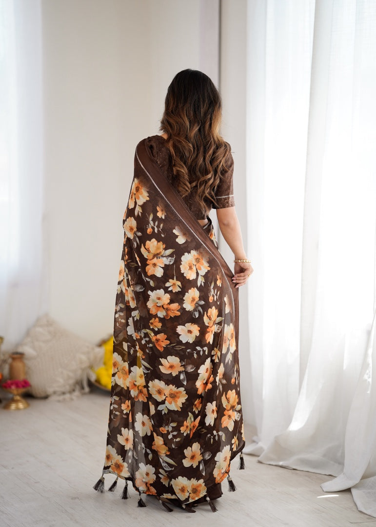 Beautiful Brown Bright Moss Satin Patta Printed Saree with Matching Blouse
