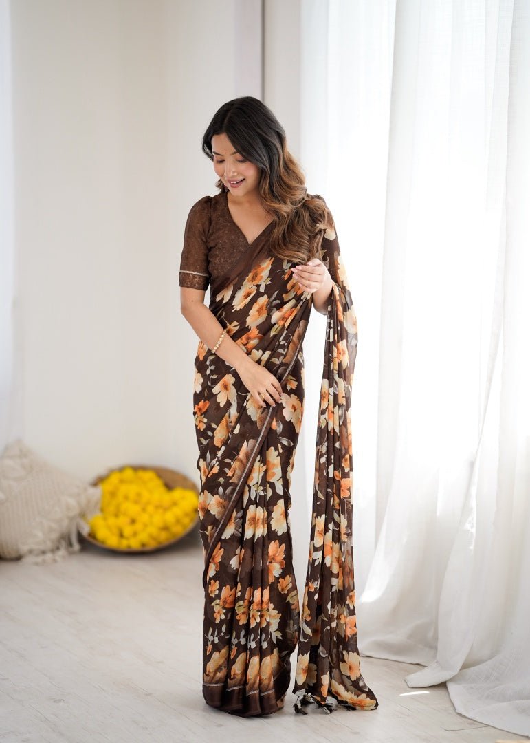 Beautiful Brown Bright Moss Satin Patta Printed Saree with Matching Blouse