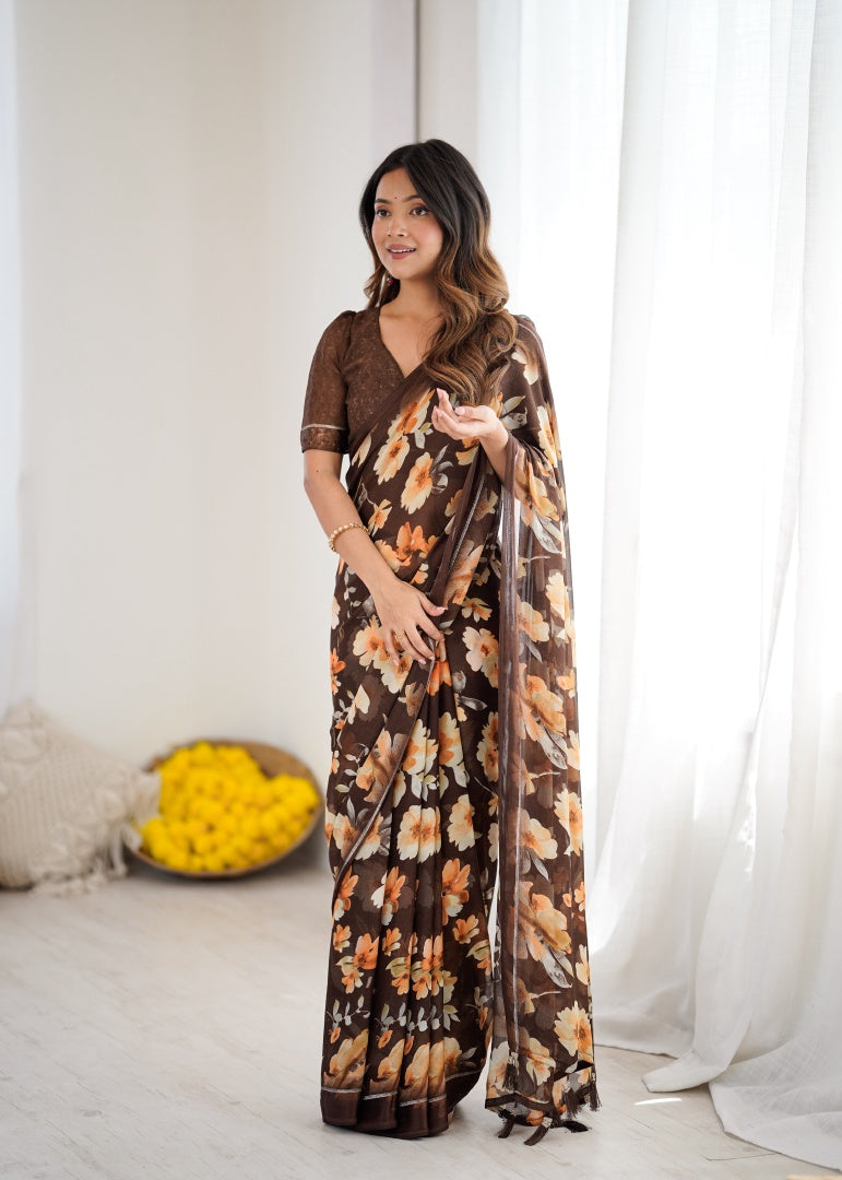 Beautiful Brown Bright Moss Satin Patta Printed Saree with Matching Blouse