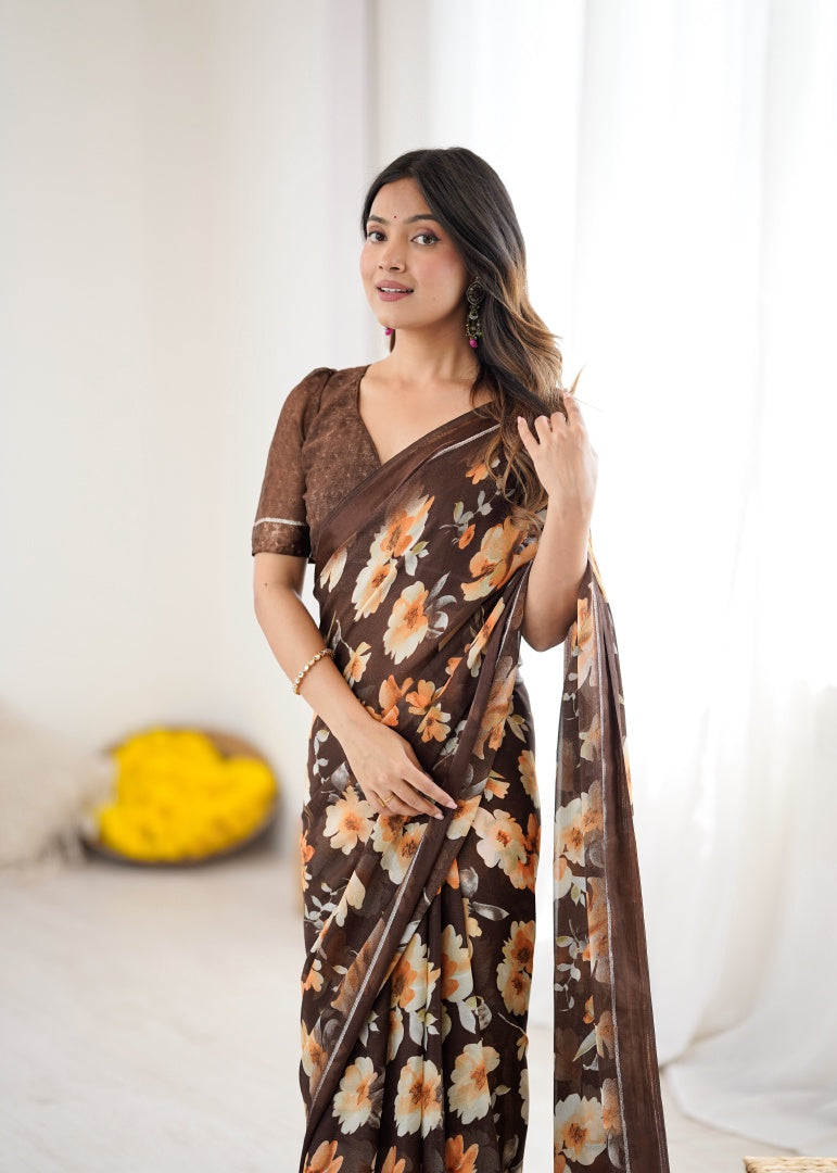 Beautiful Brown Bright Moss Satin Patta Printed Saree with Matching Blouse