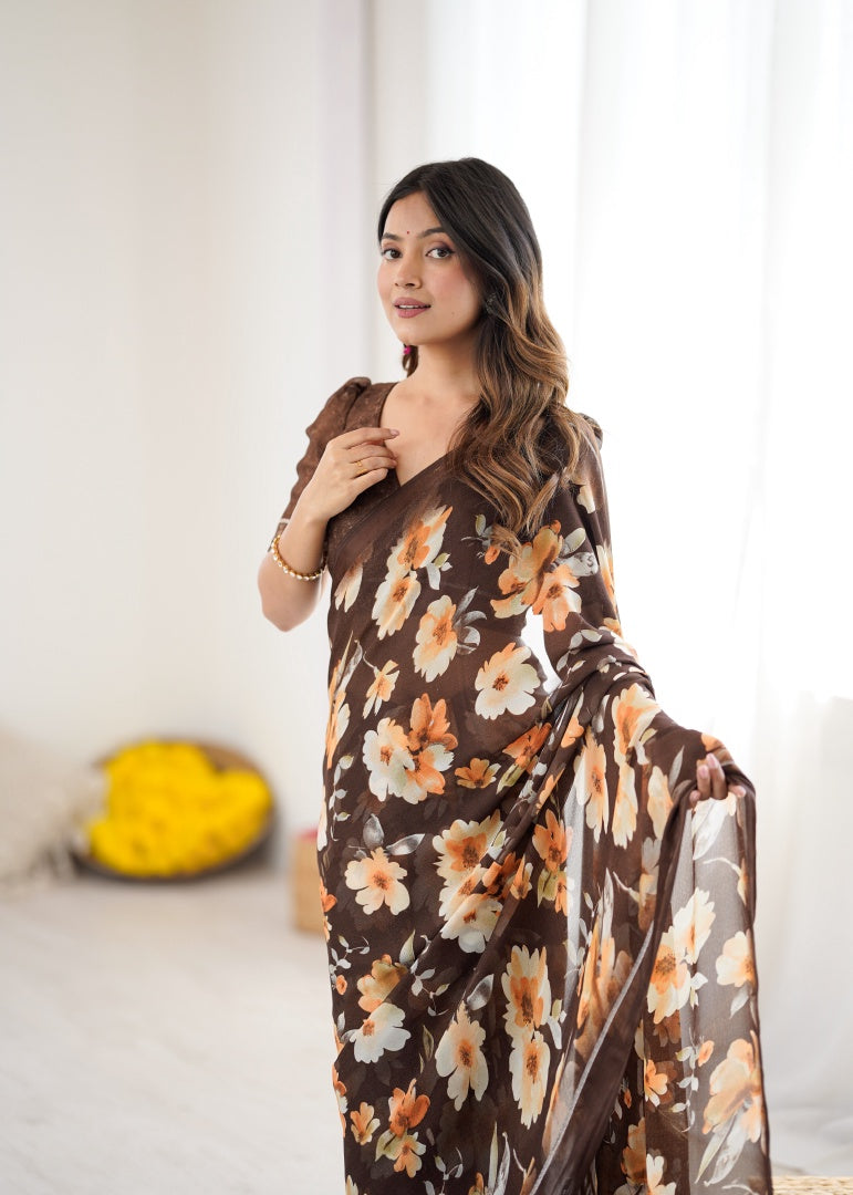 Beautiful Brown Bright Moss Satin Patta Printed Saree with Matching Blouse