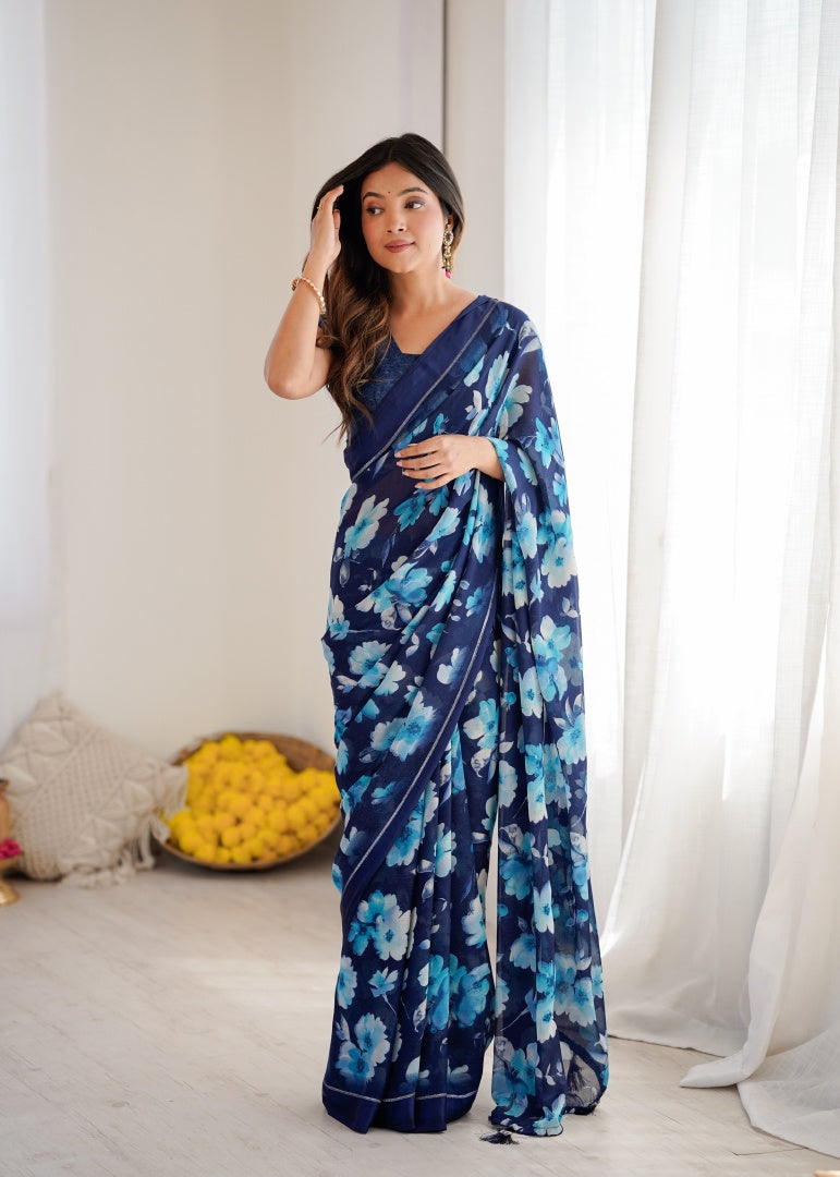 Graceful Dark Blue Bright Moss Satin Patta Printed Saree with Matching Blouse