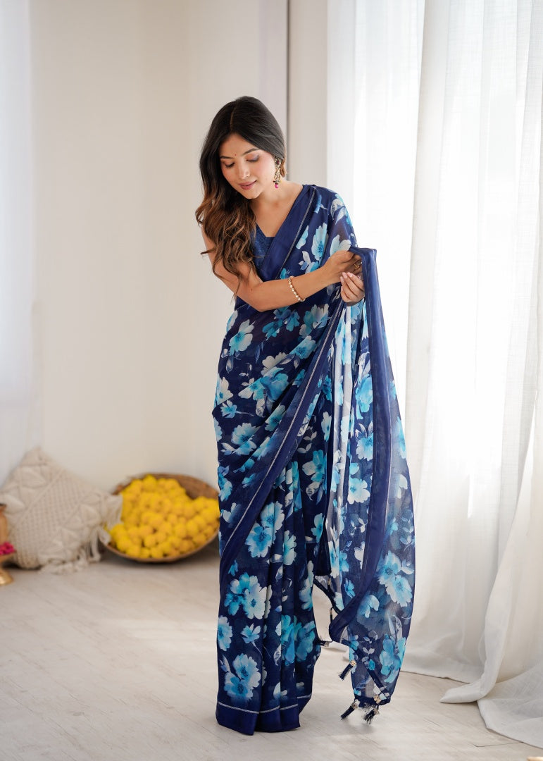Graceful Dark Blue Bright Moss Satin Patta Printed Saree with Matching Blouse