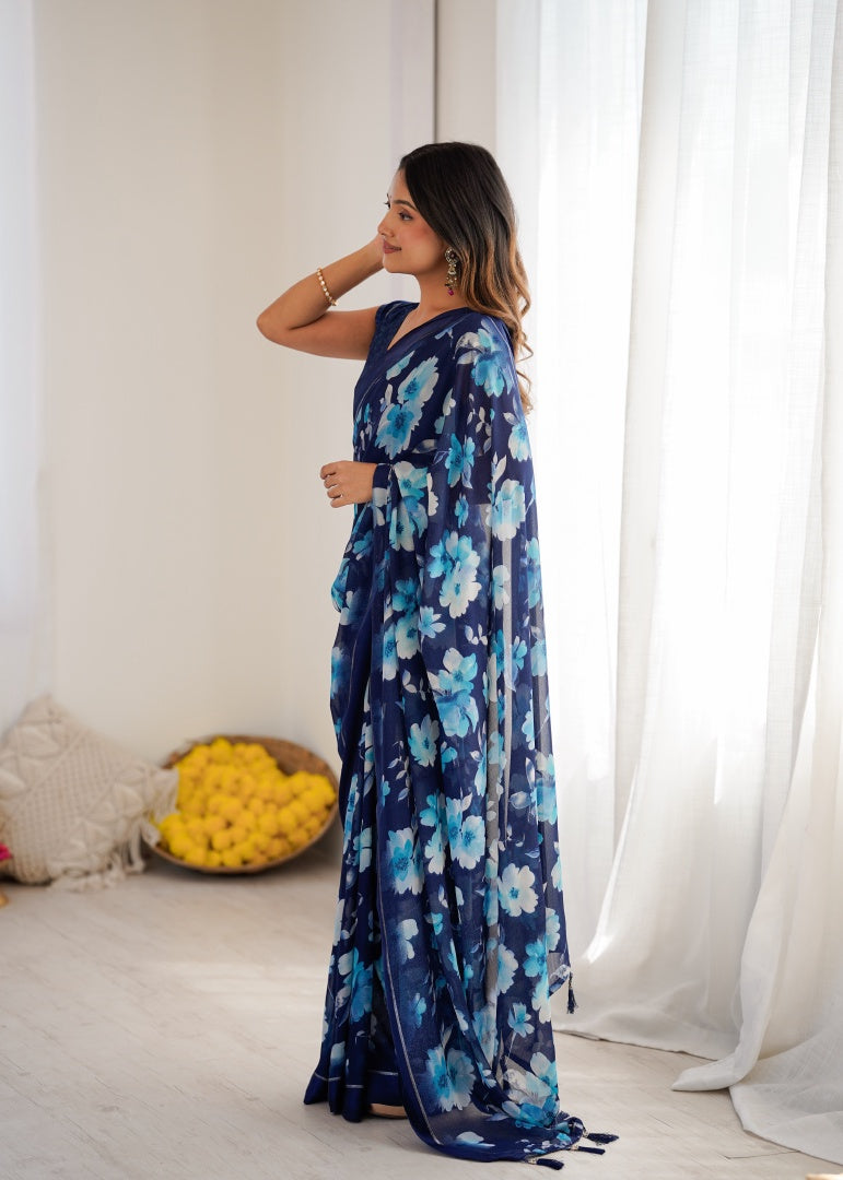 Graceful Dark Blue Bright Moss Satin Patta Printed Saree with Matching Blouse