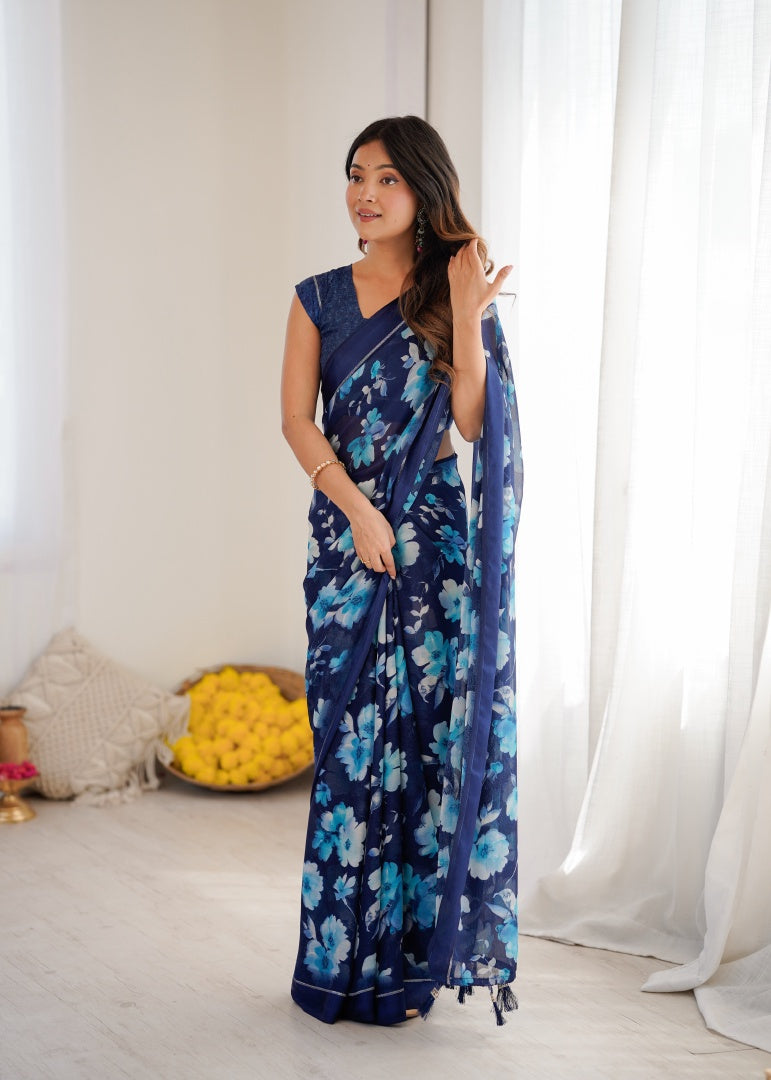 Graceful Dark Blue Bright Moss Satin Patta Printed Saree with Matching Blouse