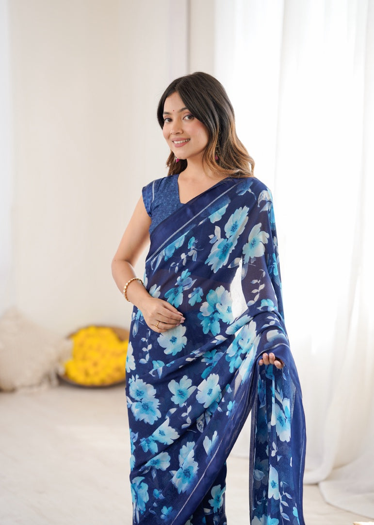 Graceful Dark Blue Bright Moss Satin Patta Printed Saree with Matching Blouse
