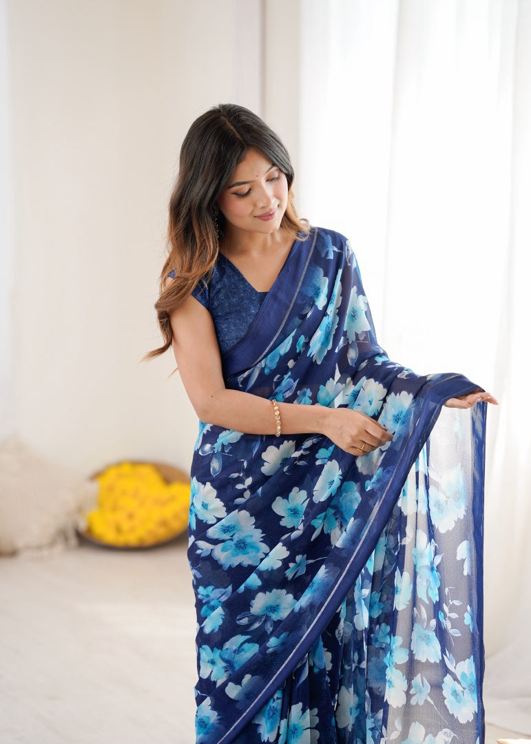 Graceful Dark Blue Bright Moss Satin Patta Printed Saree with Matching Blouse