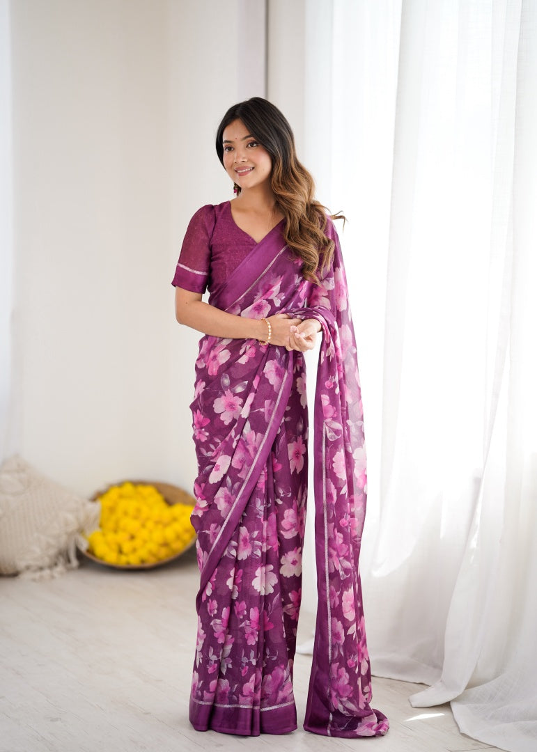 Vibrant Magenta Bright Moss Satin Patta Printed Saree with Matching Blouse