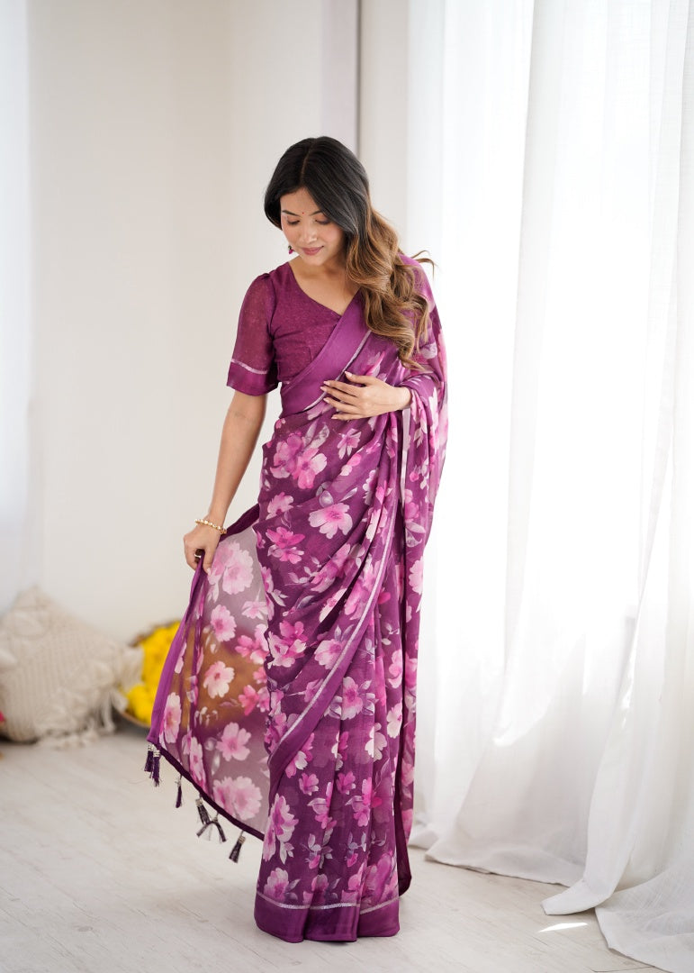Vibrant Magenta Bright Moss Satin Patta Printed Saree with Matching Blouse