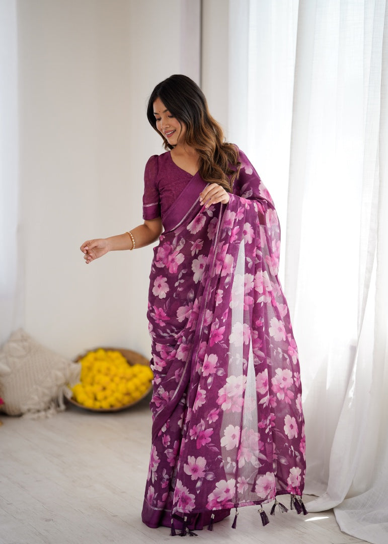 Vibrant Magenta Bright Moss Satin Patta Printed Saree with Matching Blouse