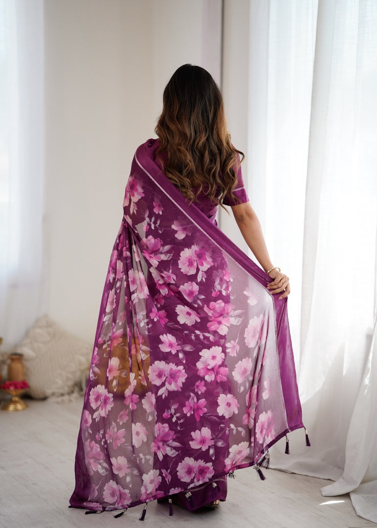 Vibrant Magenta Bright Moss Satin Patta Printed Saree with Matching Blouse