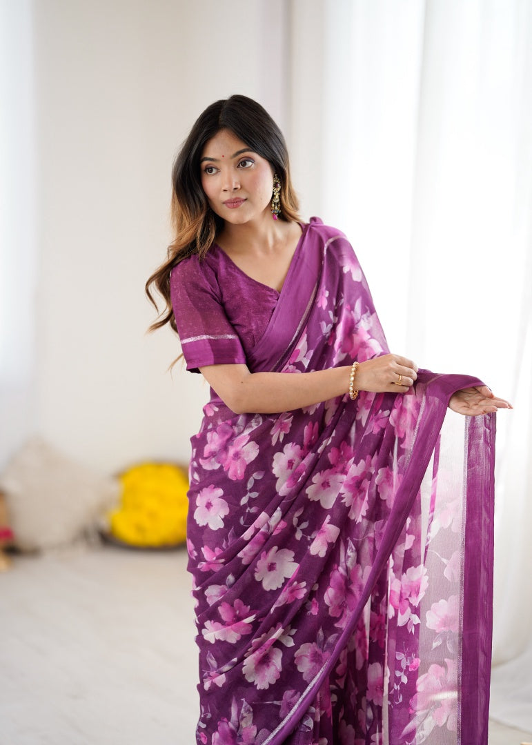 Vibrant Magenta Bright Moss Satin Patta Printed Saree with Matching Blouse
