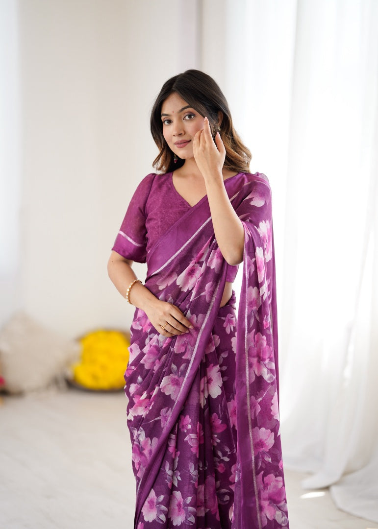 Vibrant Magenta Bright Moss Satin Patta Printed Saree with Matching Blouse