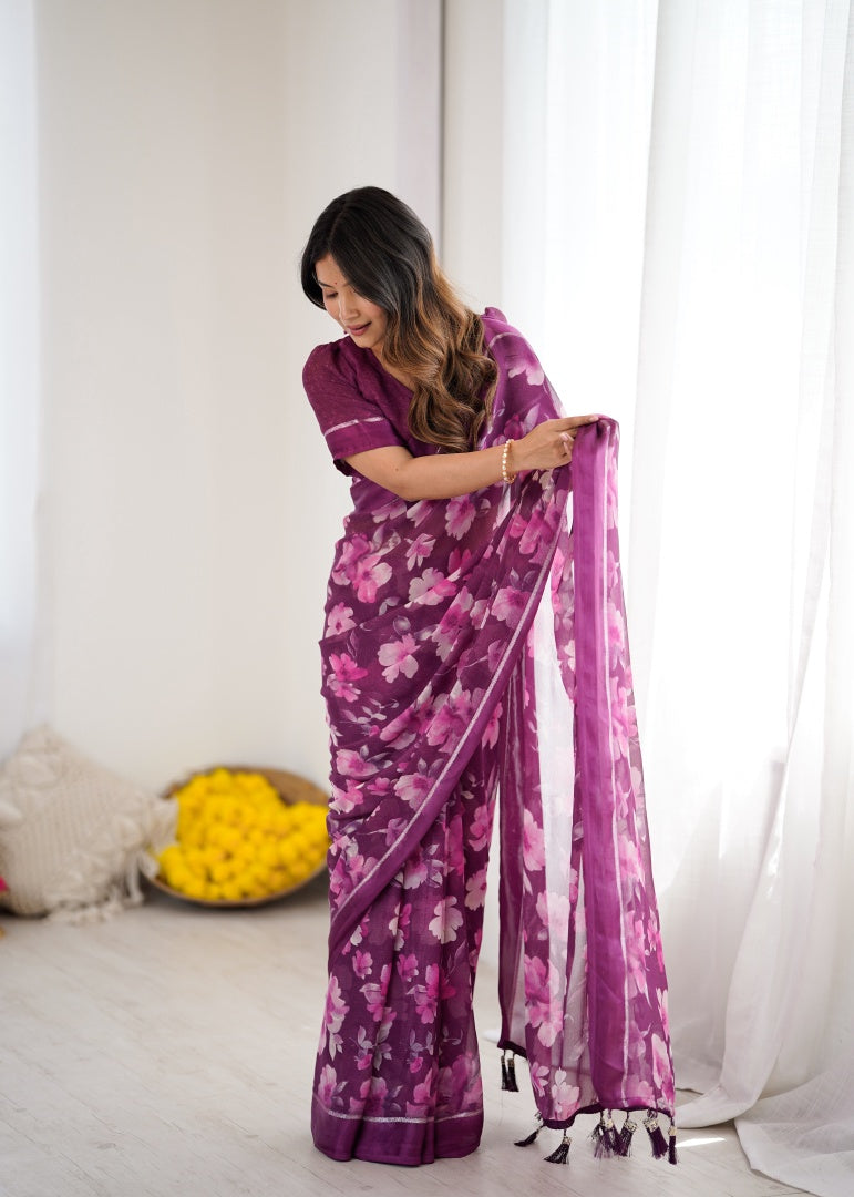 Vibrant Magenta Bright Moss Satin Patta Printed Saree with Matching Blouse