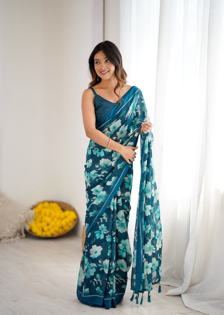 Refreshing Morpich Bright Moss Satin Patta Printed Saree with Matching Blouse