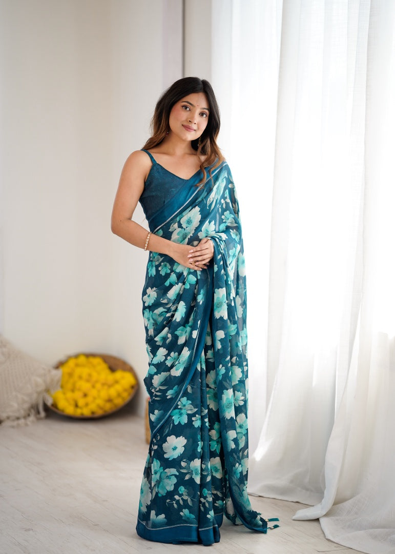 Refreshing Morpich Bright Moss Satin Patta Printed Saree with Matching Blouse