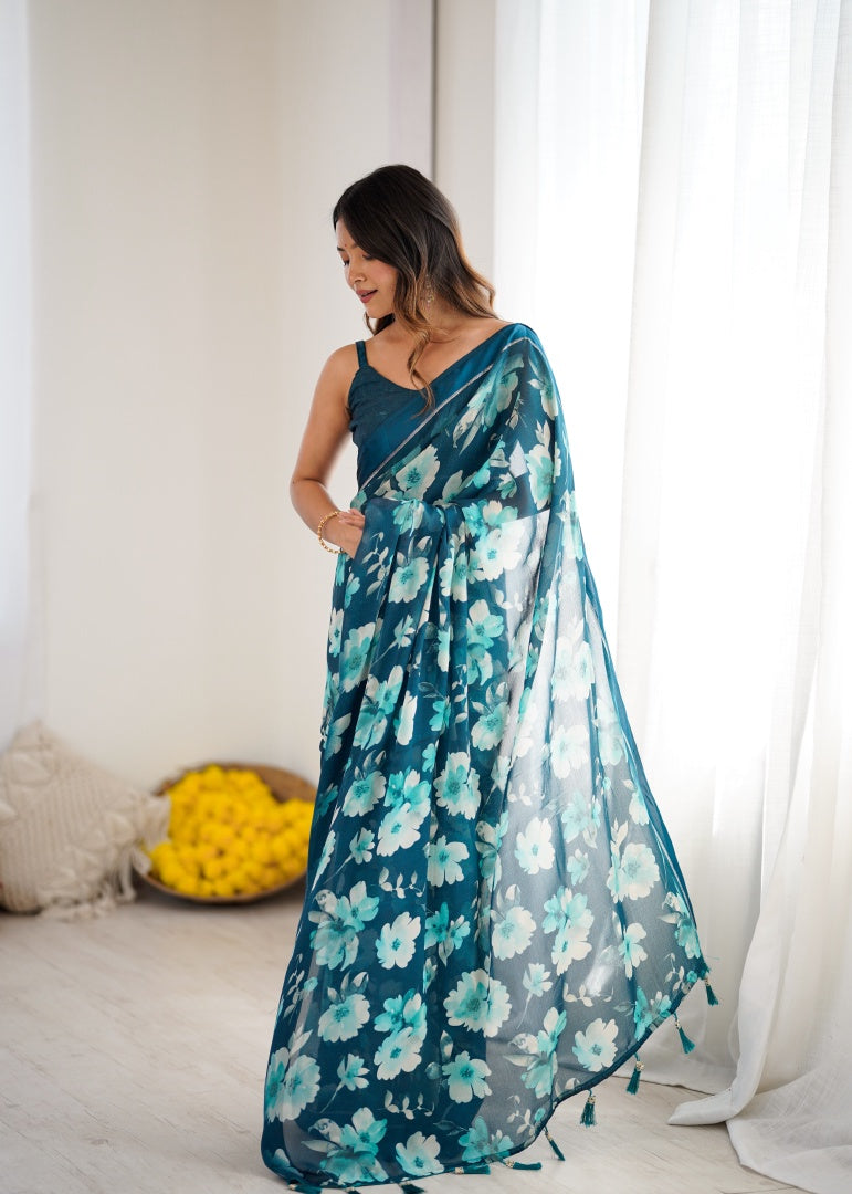 Refreshing Morpich Bright Moss Satin Patta Printed Saree with Matching Blouse