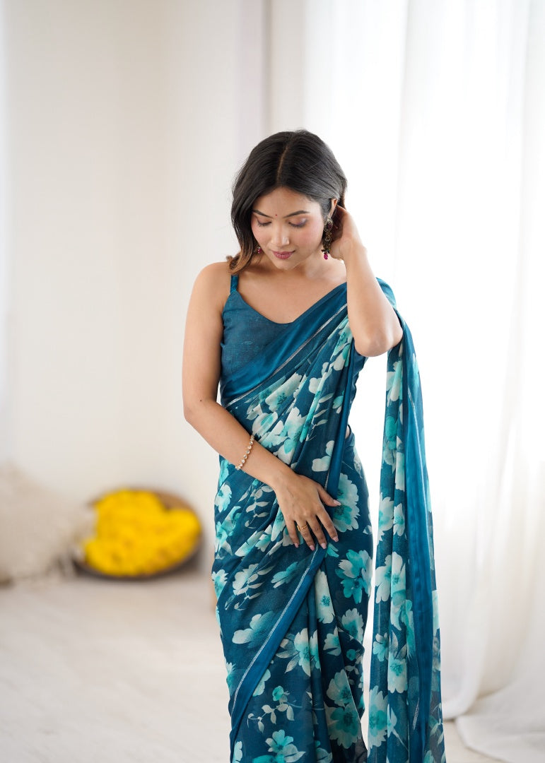 Refreshing Morpich Bright Moss Satin Patta Printed Saree with Matching Blouse