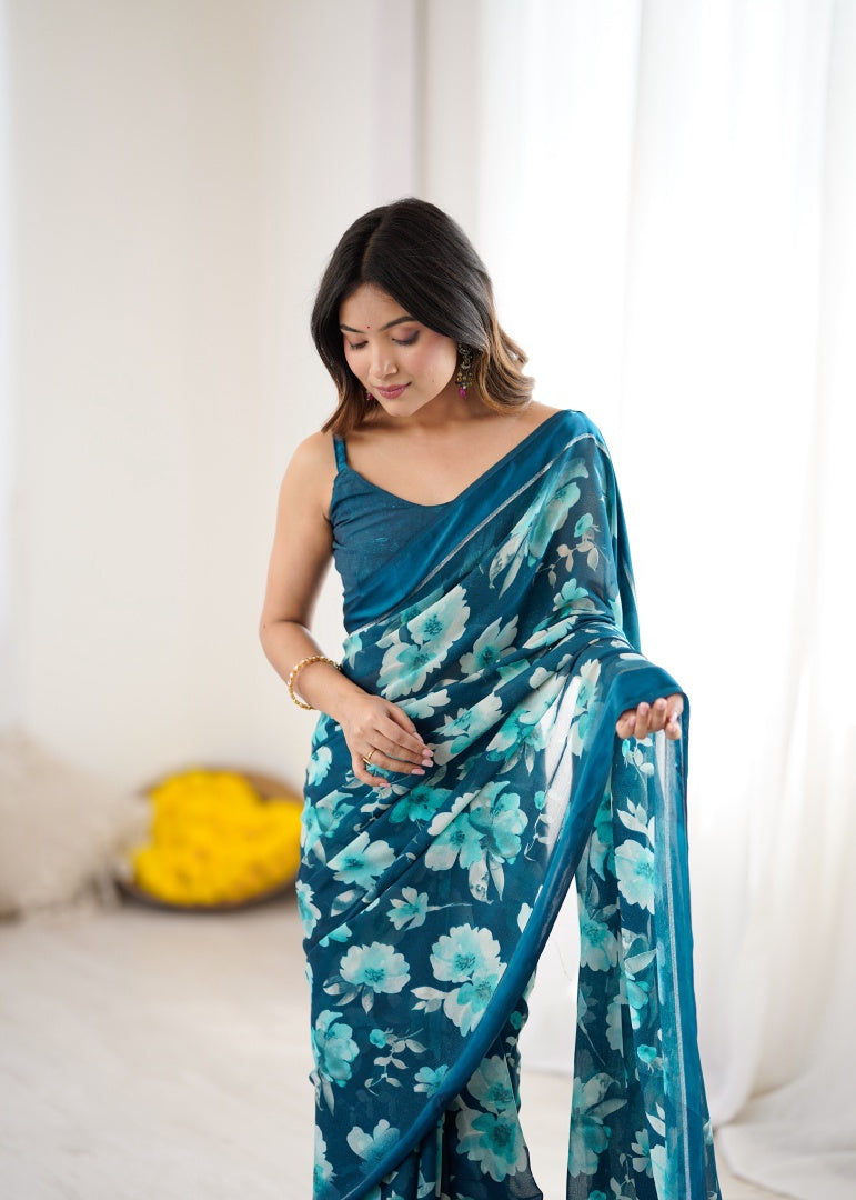 Refreshing Morpich Bright Moss Satin Patta Printed Saree with Matching Blouse