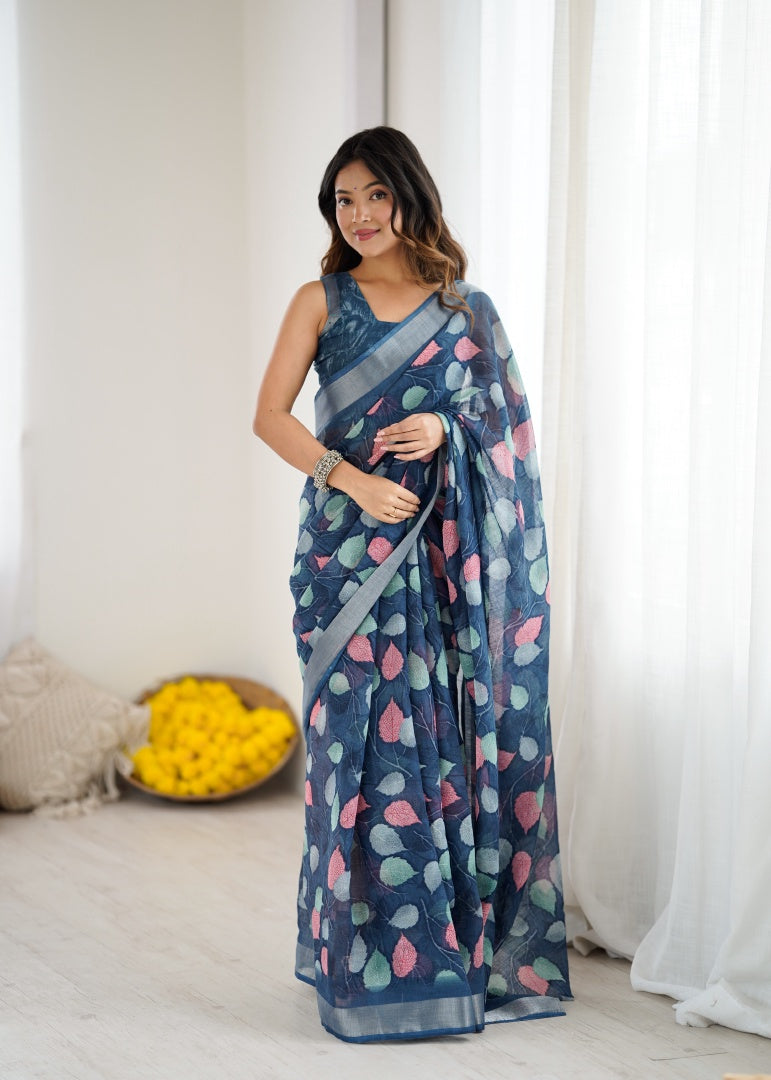 Elegant Dark Blue Lilan Patta Printed Saree with Matching Blouse