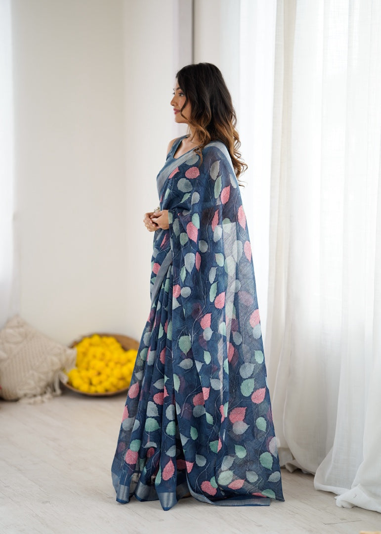 Elegant Dark Blue Lilan Patta Printed Saree with Matching Blouse