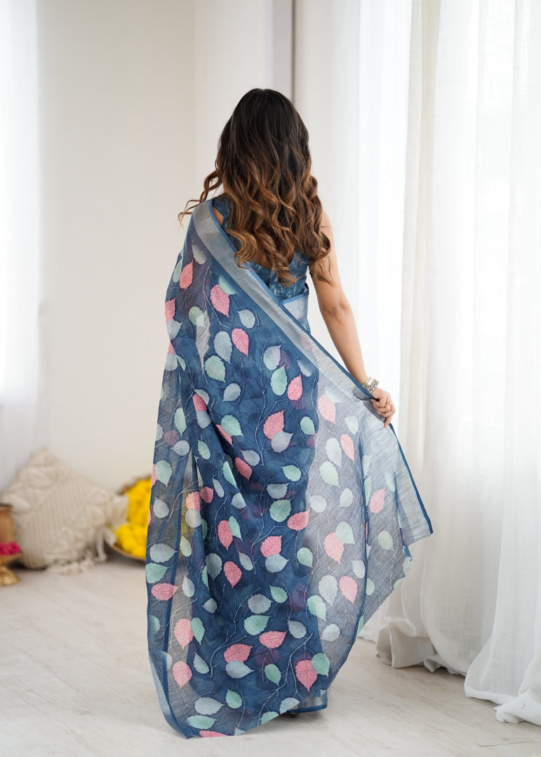 Elegant Dark Blue Lilan Patta Printed Saree with Matching Blouse