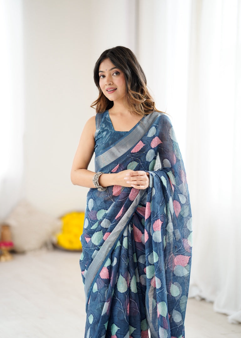 Elegant Dark Blue Lilan Patta Printed Saree with Matching Blouse