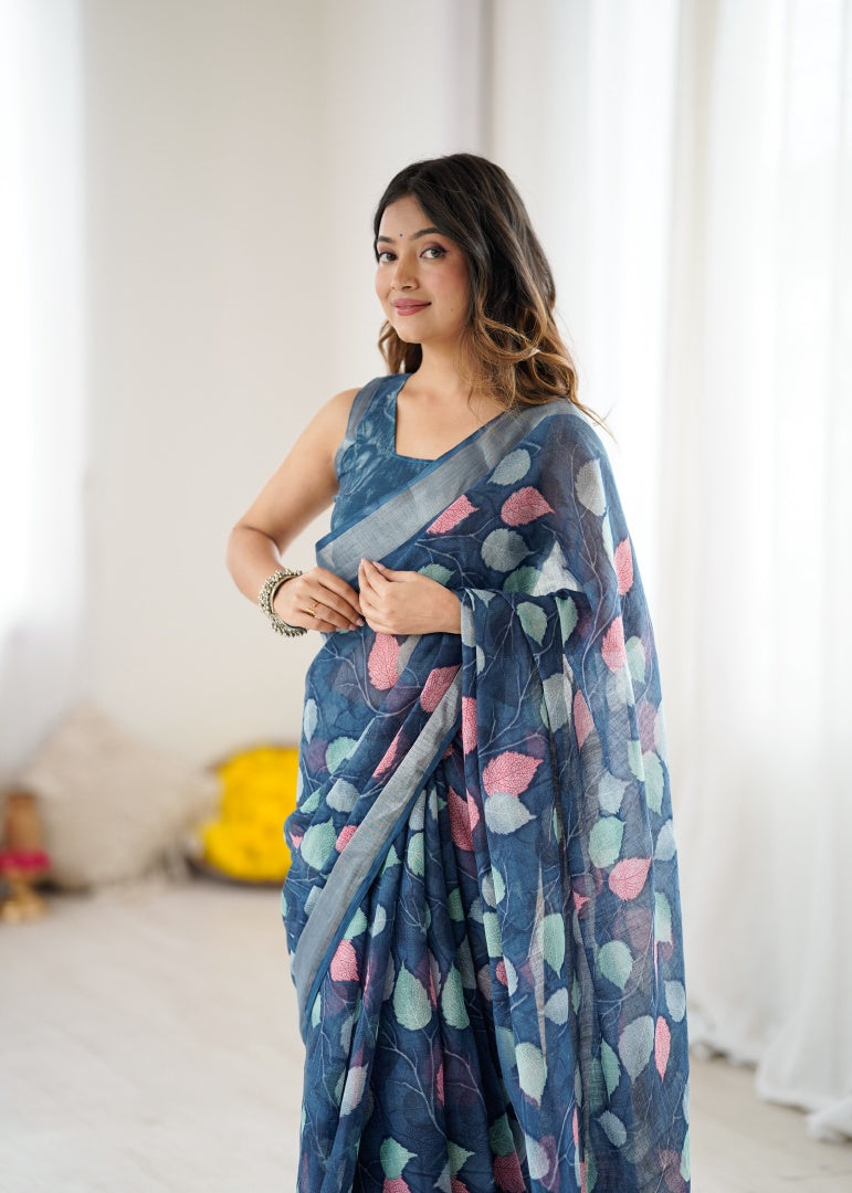 Elegant Dark Blue Lilan Patta Printed Saree with Matching Blouse