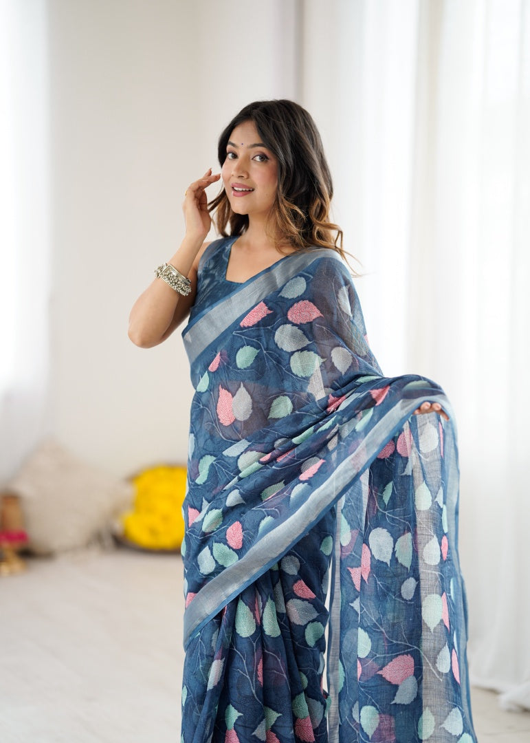 Elegant Dark Blue Lilan Patta Printed Saree with Matching Blouse