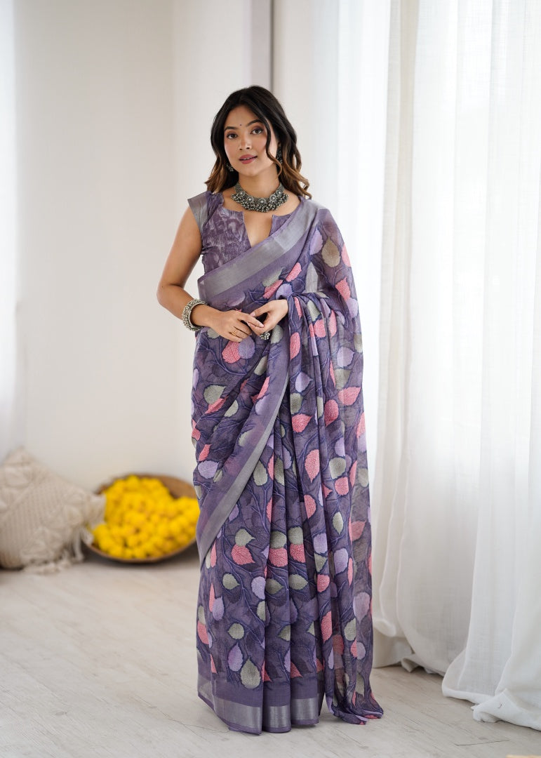 Beautiful Lavender Lilan Patta Printed Saree with Matching Blouse