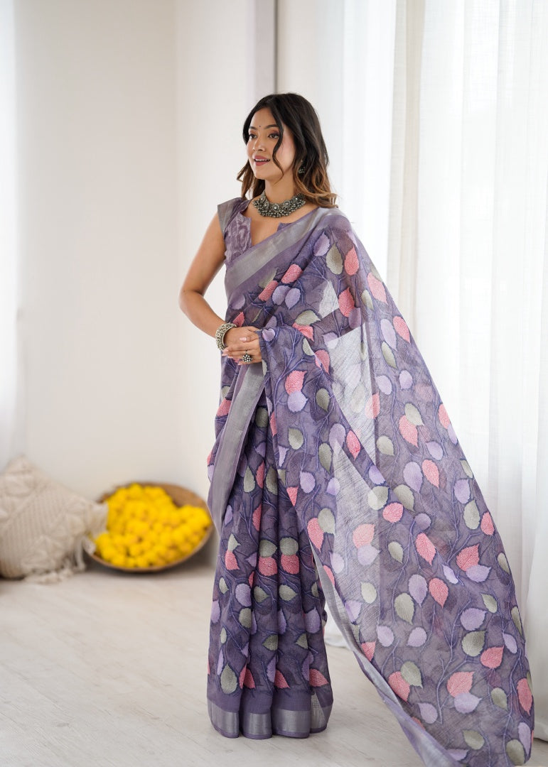 Beautiful Lavender Lilan Patta Printed Saree with Matching Blouse