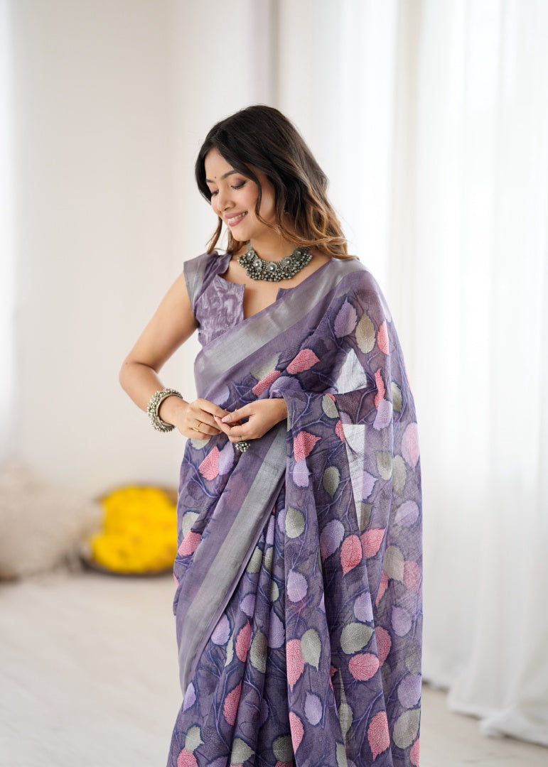 Beautiful Lavender Lilan Patta Printed Saree with Matching Blouse
