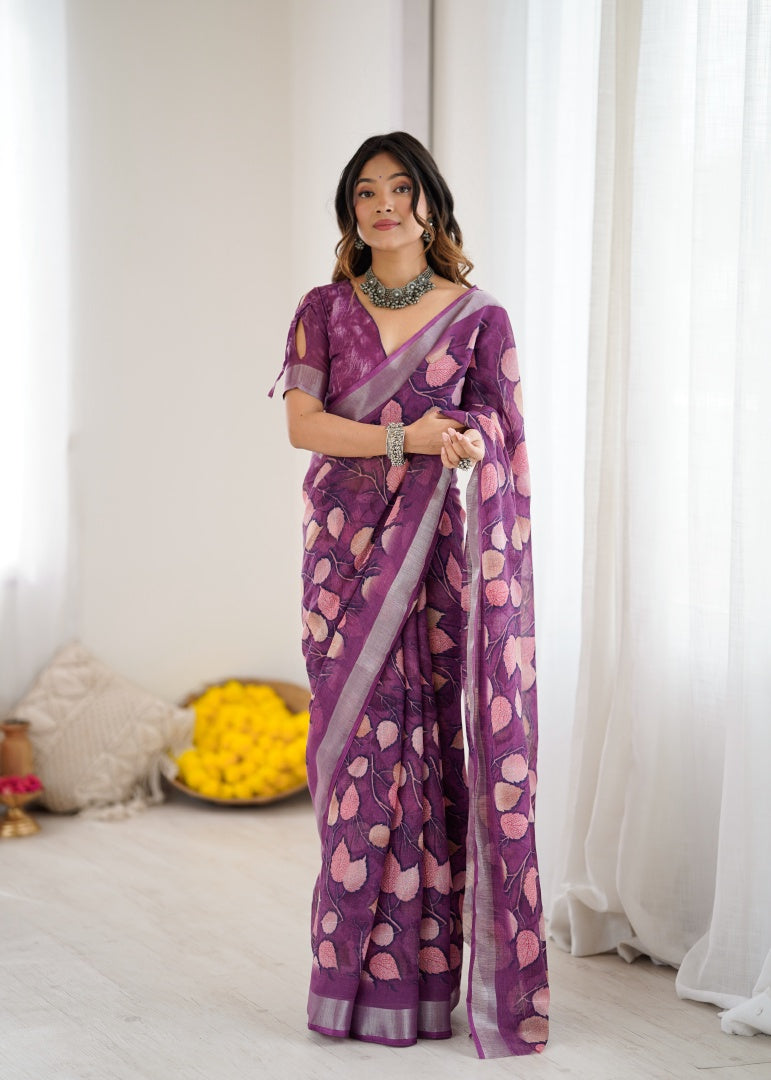 Graceful Purple Lilan Patta Printed Saree with Matching Blouse