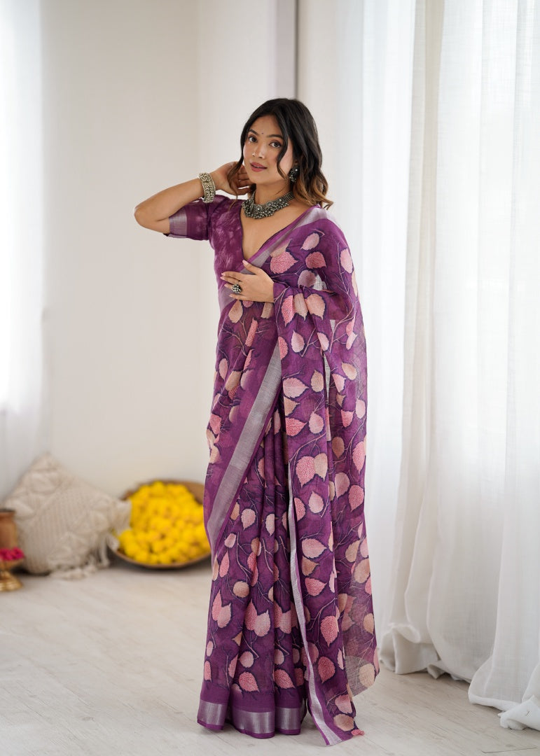 Graceful Purple Lilan Patta Printed Saree with Matching Blouse