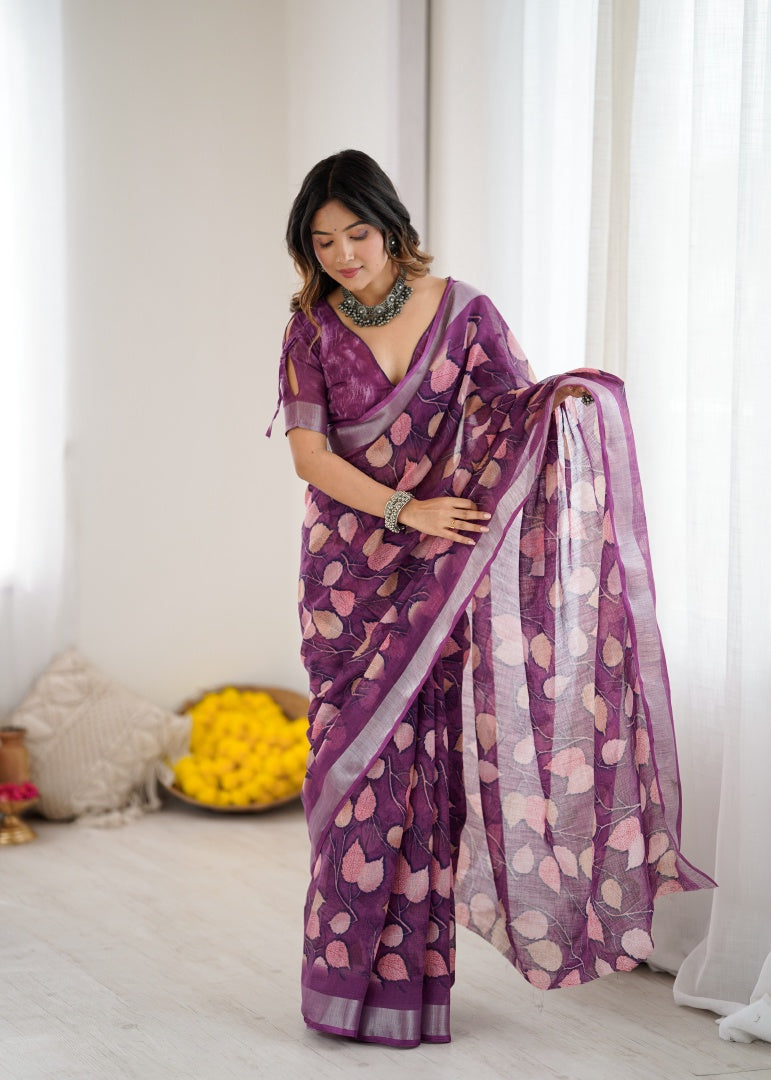 Graceful Purple Lilan Patta Printed Saree with Matching Blouse