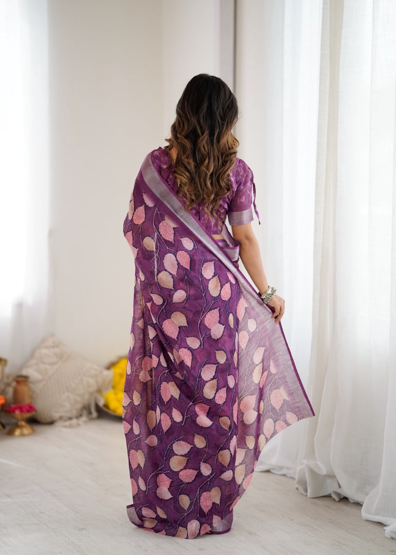 Graceful Purple Lilan Patta Printed Saree with Matching Blouse